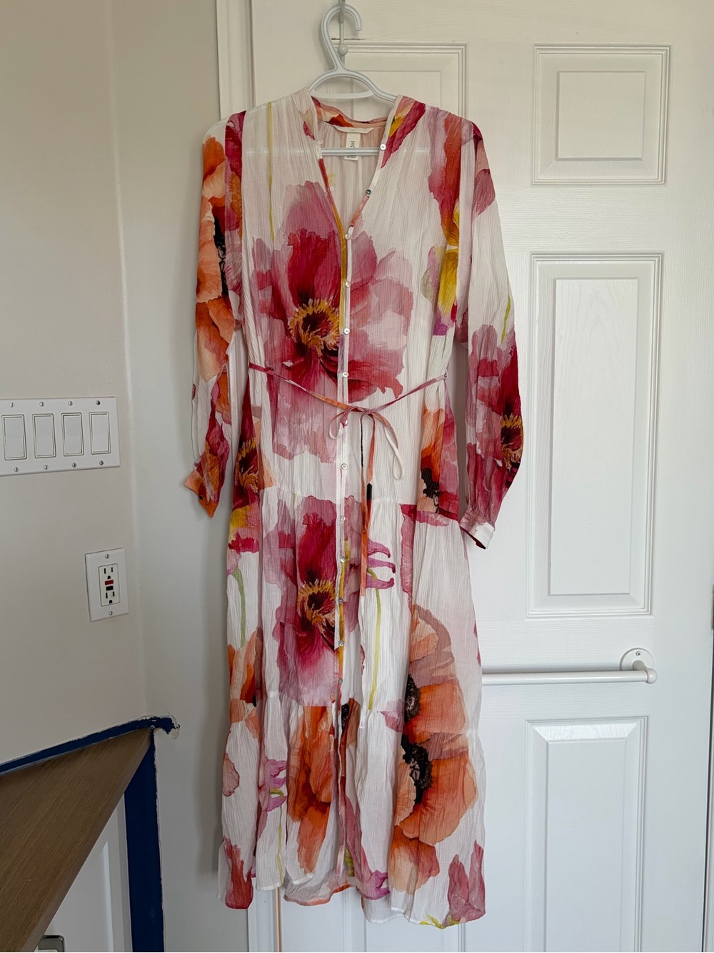 H&M Floral Tie-Waist Midi Dress - Pink, Orange & Cream